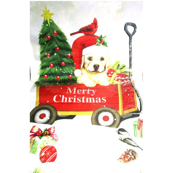 Blissful Yards Christmas Garden Flag 12x18 Inch Puppy in Red Wagon Holiday Decor - Picture 1 of 2